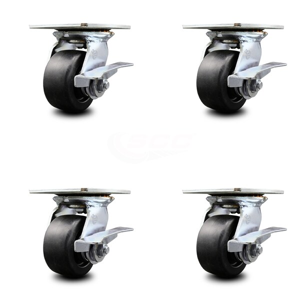 4 Inch Heavy Duty Polyolefin Caster Set with Ball Bearings and Brakes SCC
